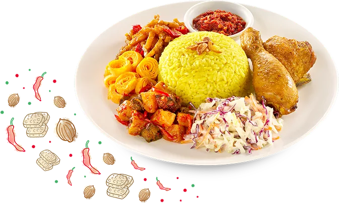 <p>Nasi Kuning<br>dengan Coleslaw</p>