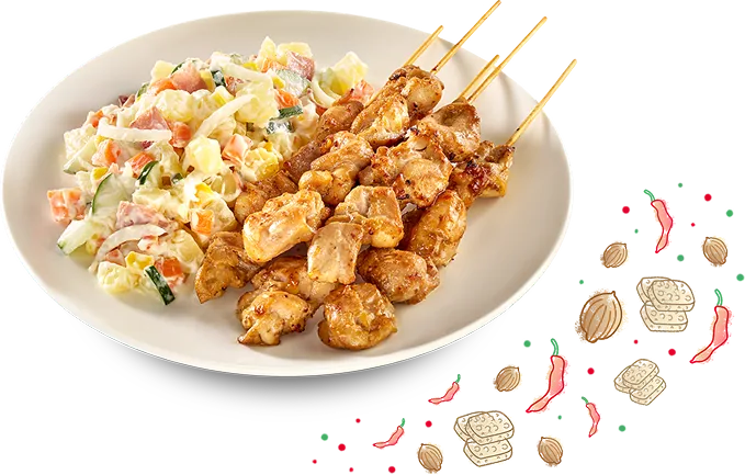 <p>Sate Ayam dengan<br>Salad Kentang</p>